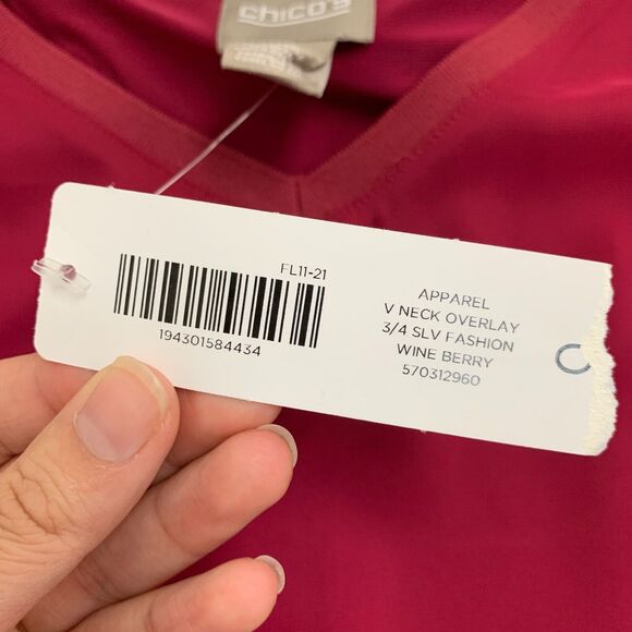 Chicos Blouse Womens 0 Wine Berry Layered V Neck Overlay Quarter Wide Sleeve - Picture 9 of 14